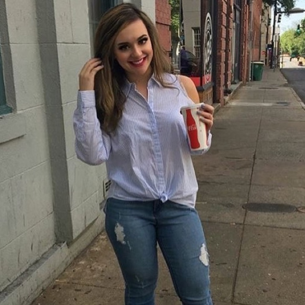 Cold shoulder button down pin stripe blouse